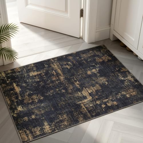 Sasttie 2x3 Entryway Area Rug, Modern Abstract Small Carpet, Black & Gold