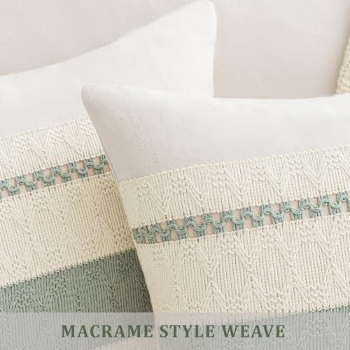 Laolitou Set of 2 Boho Throw Lumbar Pillow Covers 20×12, Rustic Farmhouse Cotton Linen Soft Sage Green Decorative Pillow Cover for Living Room Sofa Bedroom Couch Cushions Home Decor