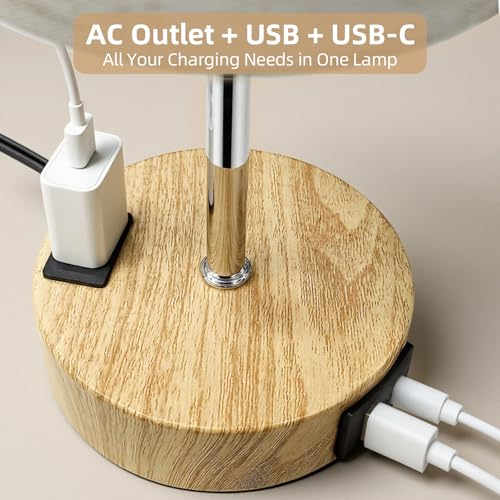 Table Lamp for Nightstand, High-Sensitivity Touch, 3-Level Dimmable Bedside Lamp with AC Outlet | USB | and USB-C, Ideal Night Stand Lamp for Bedroom, Reading, Living Room(Warm&Wooden)