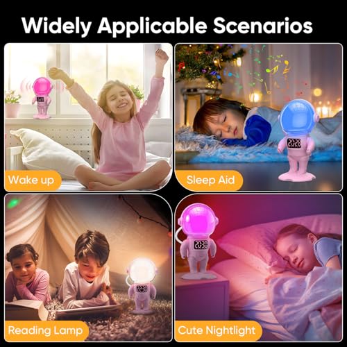 AFEXOA Astronaut Sunrise Alarm Clock for Kids, White Noise Sound Machine with 30 Soothing Sounds, 22 Dimmable Nightlights, Bluetooth Speaker, Dual Alarms, Wake Up Light for Bedroom(Pink)