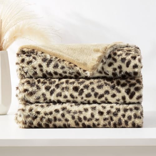 DREAMNINE Luxury Brown Cheetah Print Faux Rabbit Fur Blanket for Couch 50" x 60",Decorative Soft Thick Fluffy Leopard Furry Blankets, Warm Blankets for Winter,Animal Print Cozy Chic Fuzzy Lap Blanket