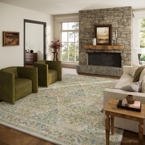 Washable Area Rugs for Living Room: 9x12 Bedroom Rug Boho Vintage Stain Resistant Non Slip Low Pile Lightweight Soft Carpets for Dining Room Kitchen Nursery Kids Room Farmhouse Living Room