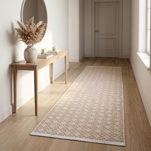 Cotton Diamond Woven Runner Rug 2x6 Feet - Beige, Non Slip Super Soft Farmhouse Space Patio Throw Carpet Ideal for Hallways, Kitchen, Living Room | Neutral Large Bedroom Area Décor Floor Décor Mats
