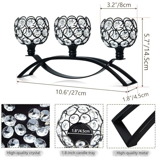 Crystal Tealight Candle Holder Centerpiece Home Decorative Candlestick Holder Elegant Table Centerpiece Home Decor Wedding Party Anniversary (Black, 3 Arm)