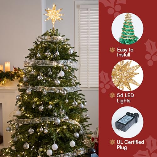 JOIEDOMI 7.8" Metal 3D Star Christmas Tree Topper Golden Glitter Decorations with 56 LED Warm White with Plug Timer Ornaments Treetop Home Holiday Party Indoor Decor