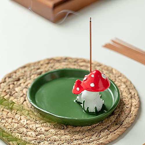 Cute Mushroom Incense Holder with 30 Incense Sticks, Handmade Resin Burner, Nature Theme Incense Tray, Adorable Home Decoration Accessories(Green)