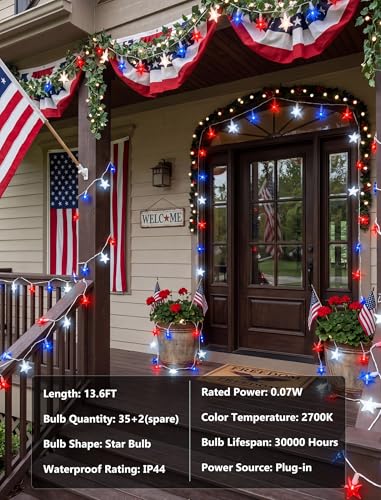 13.6Ft LED Red White and Blue Star String Lights, 4th of July Decorations Lights Outdoor with 35 LED Patriotic Star Lights Plug in, Hanging Patriotic Lights for Independence Day Party Patio Garden