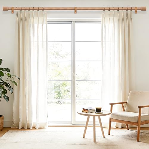 Wood Curtain Rods, 1'' Decorative Adjustable Rustic Farmhouse Drapery Rod, Heavy Duty Boho Curtain Pole for Windows 28 to 48 Inch with Imitation Wooden Grain Finials, (Light Wood/Unique Design)
