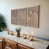 qmmp Modern Wooden Wall Sculptures - Set of 3 - Home Decor Accent - Large Wall Art for Living Room, Bedroom, Office - Easy Installation (Oak, Medium - Mountain and Sun)