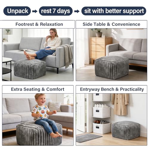 Tiita Square Corduroy Pouf Ottoman, Foot Rest Stool with Hybrid Foam Fill