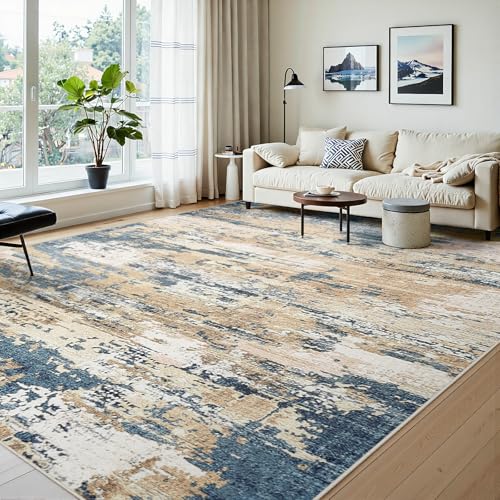9x12 Area Rugs for Living Room Large Washable Abstract Rug Brown/Blue