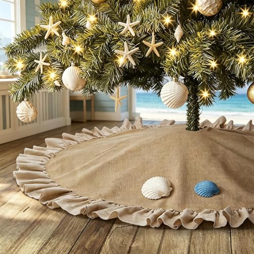 Summer Burlap Tree Skirt 48'', Large Tree Skirt with Ruffle Border, Rustic Farmhouse Decorations Tree Ornaments, Brown Linen Tree Mat for Wedding Boho Coastal Holiday Party Decor