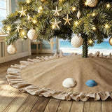 Summer Burlap Tree Skirt 48'', Large Tree Skirt with Ruffle Border, Rustic Farmhouse Decorations Tree Ornaments, Brown Linen Tree Mat for Wedding Boho Coastal Holiday Party Decor
