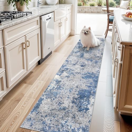 2x8 Washable Non-Slip Hallway Runner Rug – Modern Coastal Abstract Neutral Stain-Resistant Low-Pile Carpet Runner for Kitchen Entryway Bedroom Bathroom (Blue Ivory Grey,2x8)