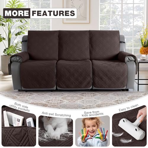 TAOCOCO 100% Waterproof Recliner Sofa Cover Non Slip Couch Cover for 3 Seat Reclining Sofa, Split Reclining Couch Covers 3-Piece with Straps, Washable Sofa Slipcover for Kids Pets(3 Seater, Chocolate)