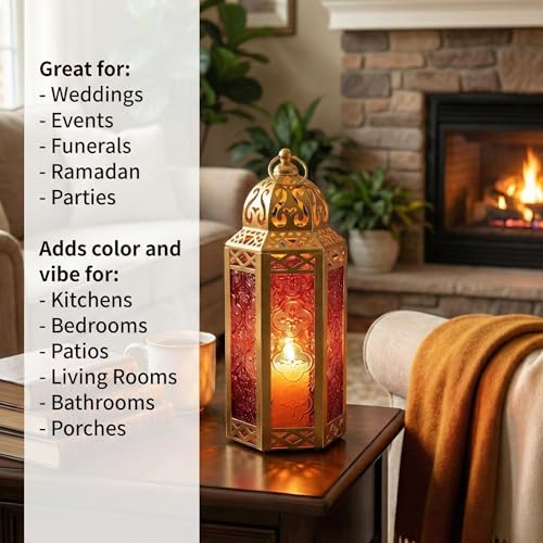 Vela Lanterns Decorative Indoor Moroccan Candle Holder, Gold Red, M
