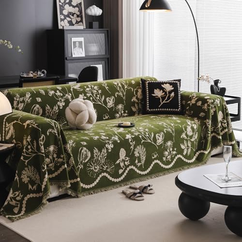 DREAMINGO Green Floral Couch Cover Farmhouse Botanical Jacquard Sofa Covers for 3 Cushion Couch Cozy Chenille Living Room Furniture Futon Sectional Sofa Slipcovers Washable, X-Large 71"x134"