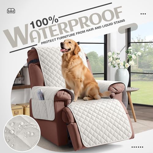 KinCam 100% Waterproof Recliner Loveseat Cover with Console X1, Recliner Couch Covers X1, Recliner Chair Covers X1(Beige White)