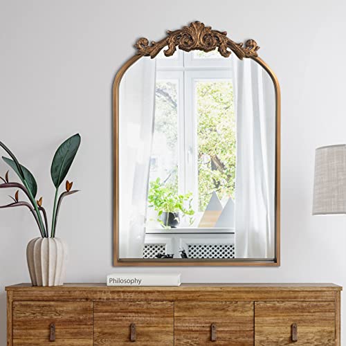 HQiJun Wall Mirror Window Decorative Traditional Vintage Ornate Baroque Mirrors Antique Arched Farmhouse for Living Room Bedroom Entryway Bathroom Vanity (27 * 19 * 1.2, Gold)