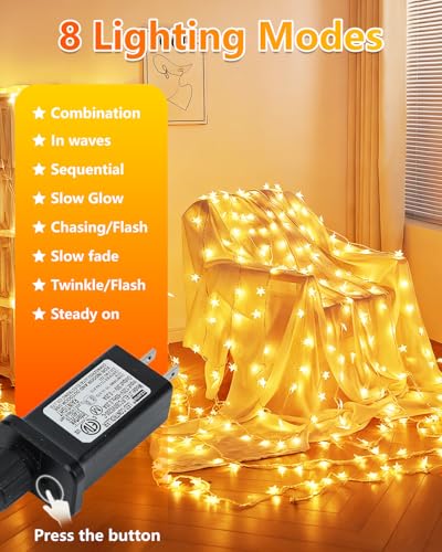 Twinkle Star 100 LED Star String Lights, 33FT Plug in Fairy String Lights Waterproof for Bedroom Decor, Indoor, Outdoor, Wedding Party, Christmas Tree, New Year, Ramadan, Warm White