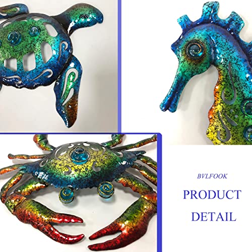 BVLFOOK Metal Sea Turtle Seahorse Crab Beach Themed Bathroom Wall Art Decor, Ocean Valentine Wall Decorations for Home Bathroom,10 Inch, Set of 3