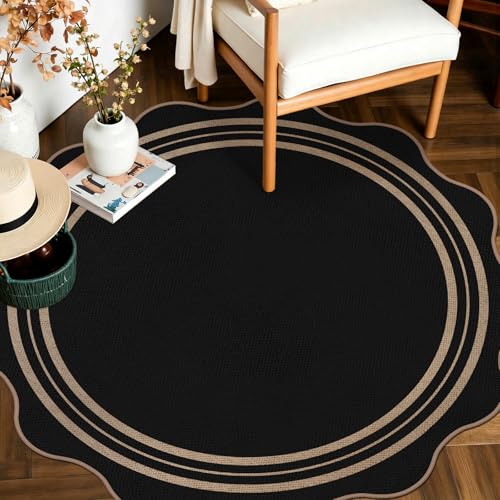 Scalloped Round Entryway Rug 4ft, Indoor Outdoor Patio Rug Washable Farmhouse Easy Jute Bedroom Area Rug, Non Slip Black Round Kitchen Circle Rugs for Living Room Front Porch