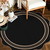 Scalloped Round Entryway Rug 4ft, Indoor Outdoor Patio Rug Washable Farmhouse Easy Jute Bedroom Area Rug, Non Slip Black Round Kitchen Circle Rugs for Living Room Front Porch