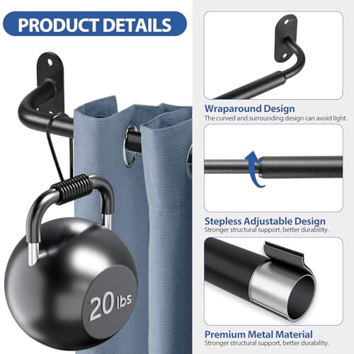 French Door Curtain Rod Adjustable 18"-32", Wrap Around Cafe Curtain Rod 1/2" Diameter, Screwed Sash Rods for Door Window, Black, 2 Pack