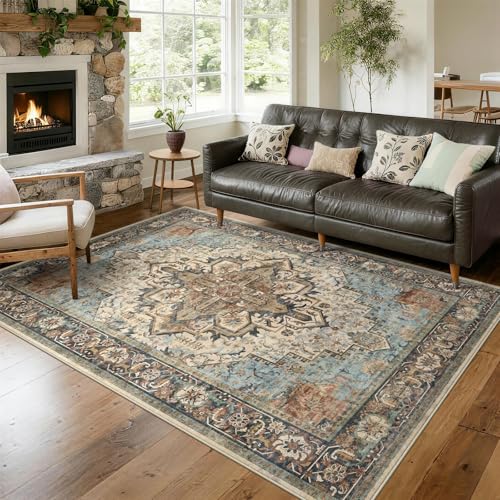 Washable 6x9 Area Rug, Blue Vintage Floral Non-Slip for Living Room Bedroom