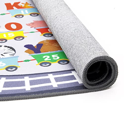 Small Playroom Rug, Kids Playmat ABC Alphabet, Numbers, Train and Road Themed Play Mat Educational Floor Carpet for Classroom Kids Bedroom Decor,Grey, 3'3" x 5'