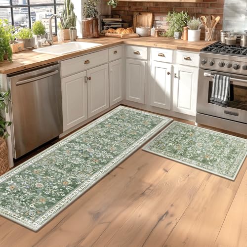 Yamaziot Washable Runner Rug 2x8 – Non Slip Boho Floral Hallway Runner Rug with Rubber Backing, Low Pile Wool Distressed Carpet for Kitchen, Laundry, Bedroom, Entrance, Mottled Green