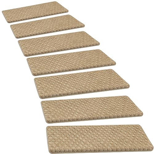 PURE ERA Bullnose Carpet Stair Treads Set Tape Free Non-Slip Indoor Stair Protectors Pet Friendly Rugs 9.5" x 30"(14 Pieces,Khaki Mini-Diamond Trellis)