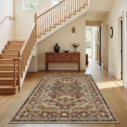 Rugland 3x5 Area Rug Non Slip Rug, Vintage Washable Entryway Rug, Rust
