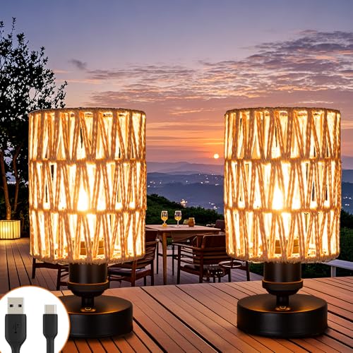 Cordless Rechargeable Outdoor Table Lamps, Battery Operated Table Lamp, Stepless Dimmable for Patio, Living Room, and Bedroom (Bulb Included) - Set of 2 (Beige)