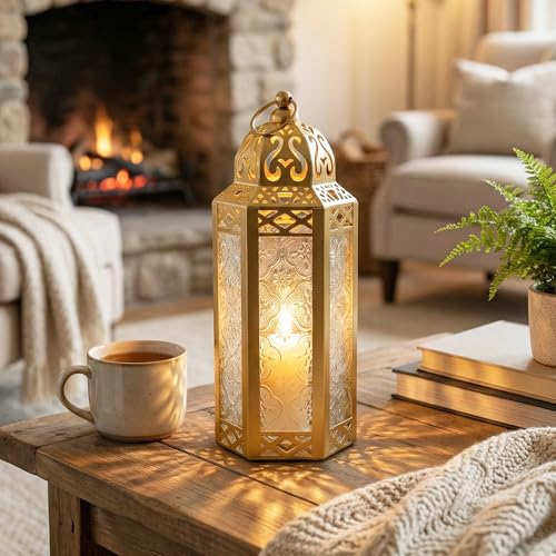 Vela Lanterns Decorative Indoor Moroccan Candle Holder, Gold, M