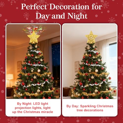 Christmas Tree Topper with Built-in 360° LED Rotating Projector, 3D Hollow Sparkling Gold Star, 3m Plug in Christmas Tree Top Decorations, Indoor Office Party Holiday Home Xmas Treetop Cool Ornament