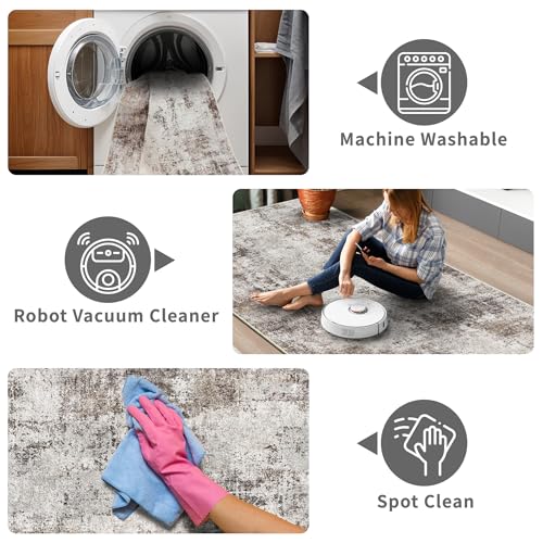 2x5 Washable Runner Rug for Hallway: Non Slip Entryway Runners Rugs Easy-to-Clean - Soft Living Room Bedroom Carpet - Thin Low Pile Floor Mat - Pinkish Beige Brown