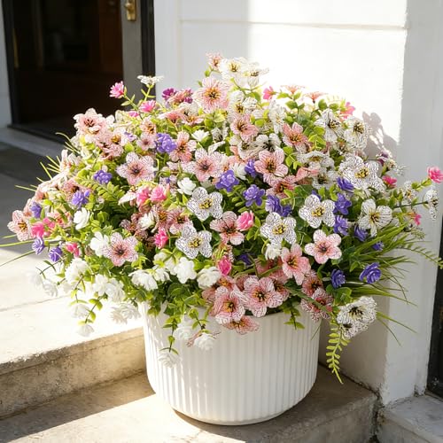 Fake Flowers for Outdoor UV Resistant 24 pcs Pink Artificial Flowers Outdoors, Realistic Faux Silk Flowers Fade Resistant, Fake Plants ＆ Flowers for Garden Porch Planters Window Patio Wedding