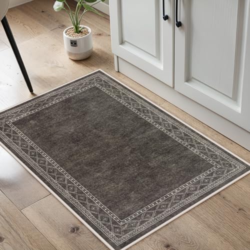 Lahome Modern Bordered Kitchen Rugs Non Slip Washable, 2x3 Rugs for Entryway Ultra-Thin Soft Door Mat Indoor Entrance Rubberback Throw Carpet for Bathroom Bedroom Front Door(2x3ft,Brown)