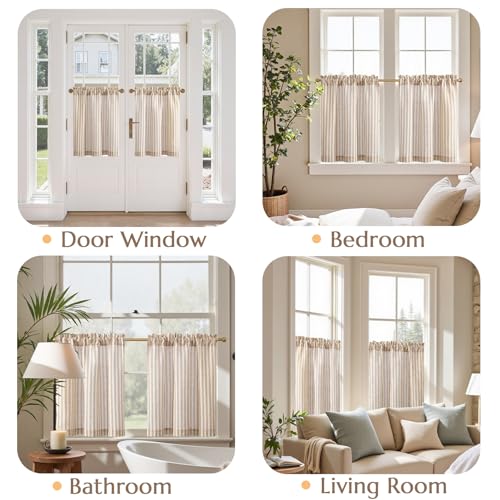 jinchan Striped Linen Kitchen Curtains 24 Inches Length Tier Curtains Farmhouse Modern Cafe Style Small Window Treatments Airy Light Filtering Rod Pocket for Living Room Bathroom 2 Panels Tan