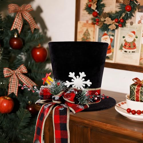 yofit Christmas Tree Topper Hat, Black Velvet Hat with Red Buffalo Plaid Bow Red Berry Snowflake, Christmas Tree Decorations Top Hat, Desktop Ornaments for Home Holiday Winter Decor