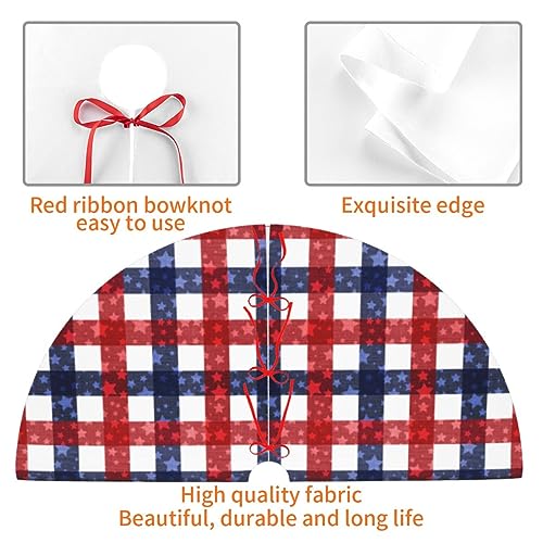 July 4th Patriotic American Flag Plaid Red Blue White 36 Inch Christmas Tree Skirt Carpet Mat Funny Party Decor Supplies for Xmas Halloween Decorations Occasion Ornament
