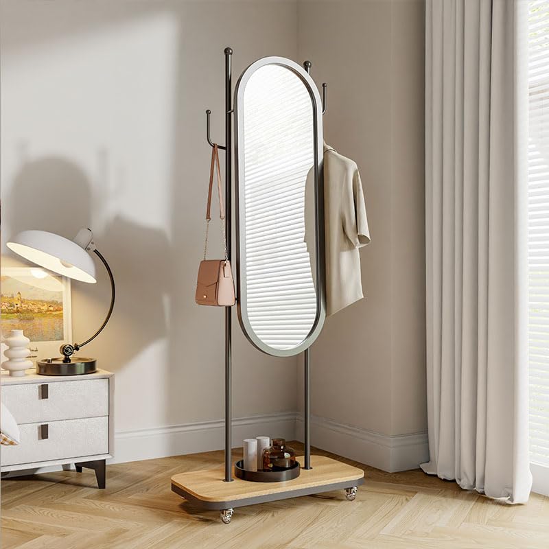 Decorative Household Dressing Mirror and Hanger Integrated Simple Modern Bedroom Living Room Floor-Standing Mobile Full-Length for Living Room(Black)