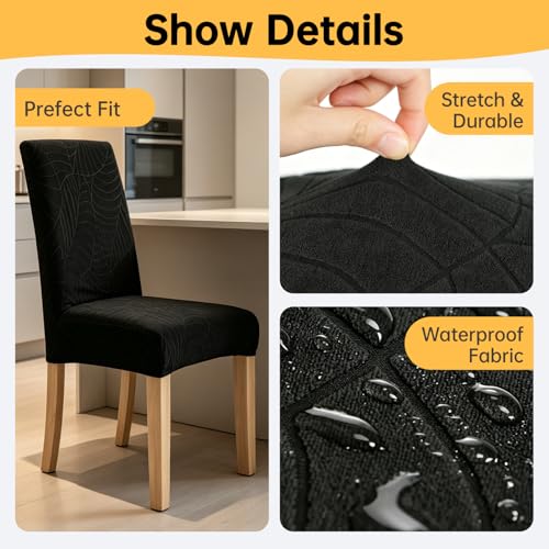 Waterproof Dining Chair Covers Set of 6, Stretch Parson Chair Slipcovers for Kitchen/Dining Room, Seat Covers for Chairs with Anti-Slip, Ideal for Party & Daily Use, Leaves-Black