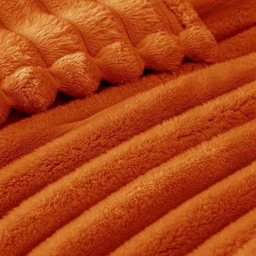 Exclusivo Mezcla Fleece Throw Blanket for Couch, Super Soft Striped Jacquard Bed Blanket, Lightweight Fuzzy Cozy for All Seasons, 50x60 Inches, Burnt Orange