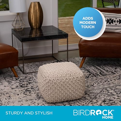 BIRDROCK HOME Square Pouf Ottoman - Cotton Braided Foot Stool with Bean Bag Filling - Compact and Comfortable Seating, Lightweight and Sturdy Boho Foot Rest for Living Room or Bedroom (Natural)
