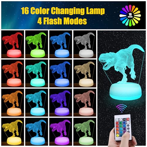Dinosaur Night Light - 3D Acrylic 16 Color Changing Lamp with 3 Dino Patterns Remote Control, Kids Gift for Birthday Christmas