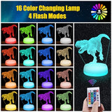 Dinosaur Night Light - 3D Acrylic 16 Color Changing Lamp with 3 Dino Patterns Remote Control, Kids Gift for Birthday Christmas