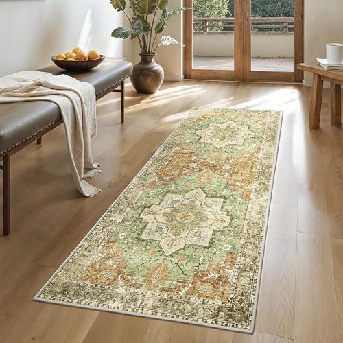 GENIMO 2'6"x6' Washable Runner Rug Non Slip for Hallway, Green Brown Tan