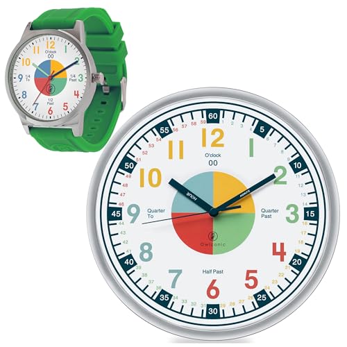 OWLCONIC Telling Time Teaching Clock - Bundled with Kids Watch. Learn to Tell Time Resources. Bright Shamrock Green